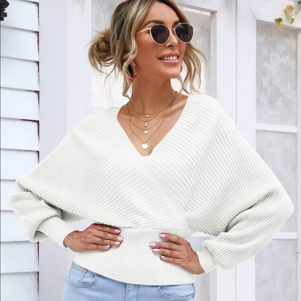 Surplice V Neck Knit Sweater White - Picture 2 of 8